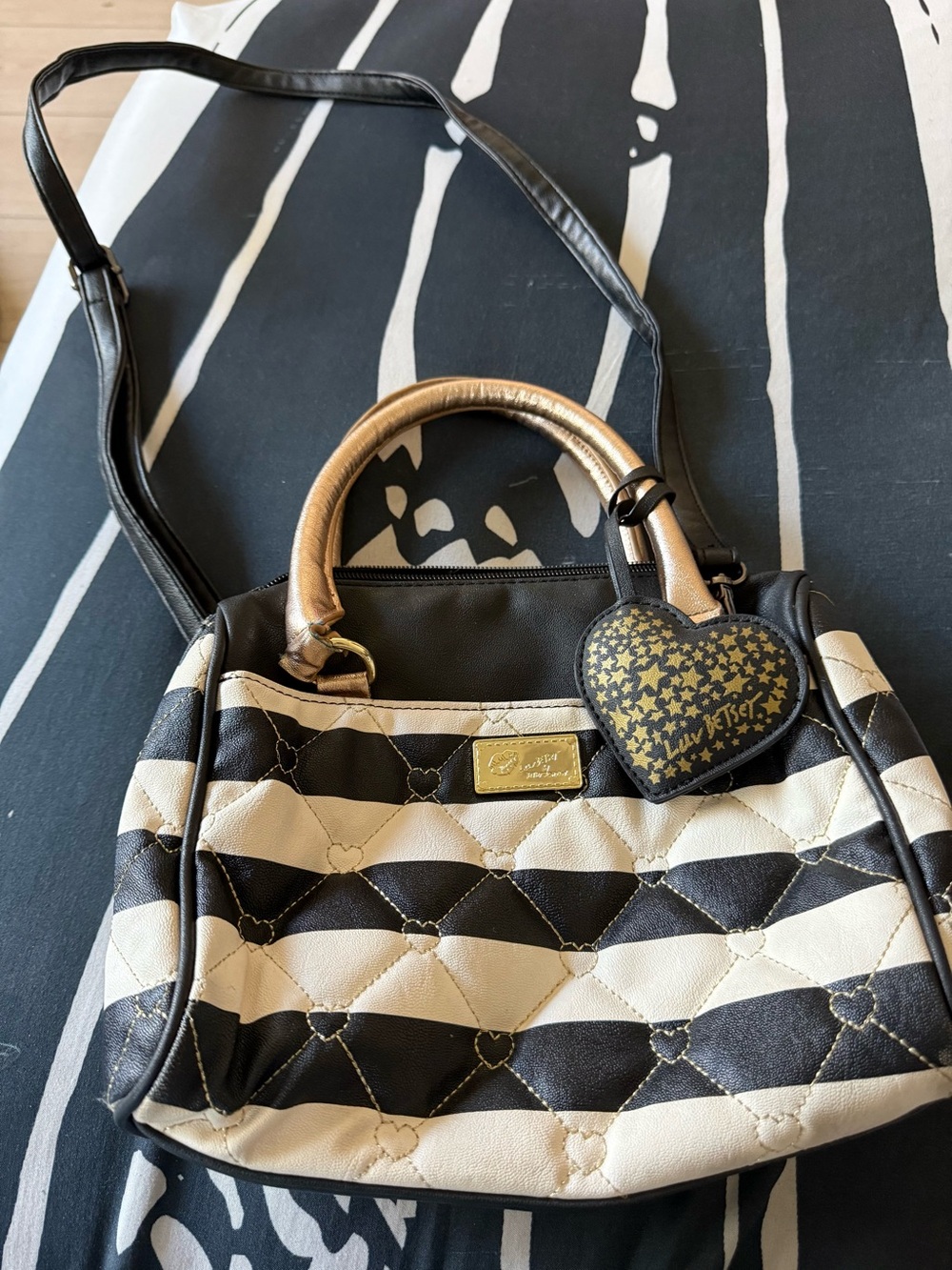 Betsey Johnson Black & Cream Quilted Heart-Accent Mini Satchel